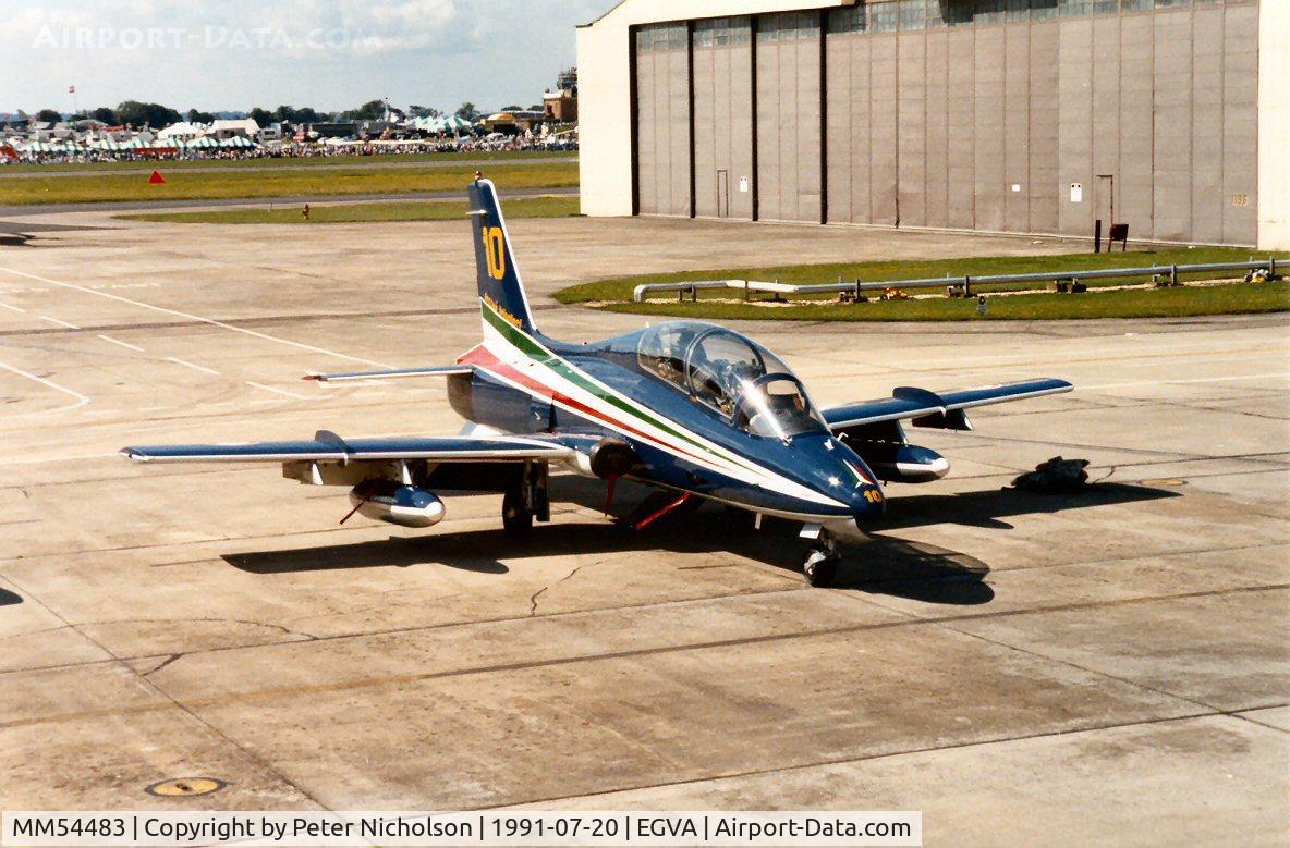 MM54483, Aermacchi MB-339A C/N 6678/073/AD012, MB.339A of the Frecce Tricolori display team at the 1991 Intnl Air Tattoo at RAF Fairford.