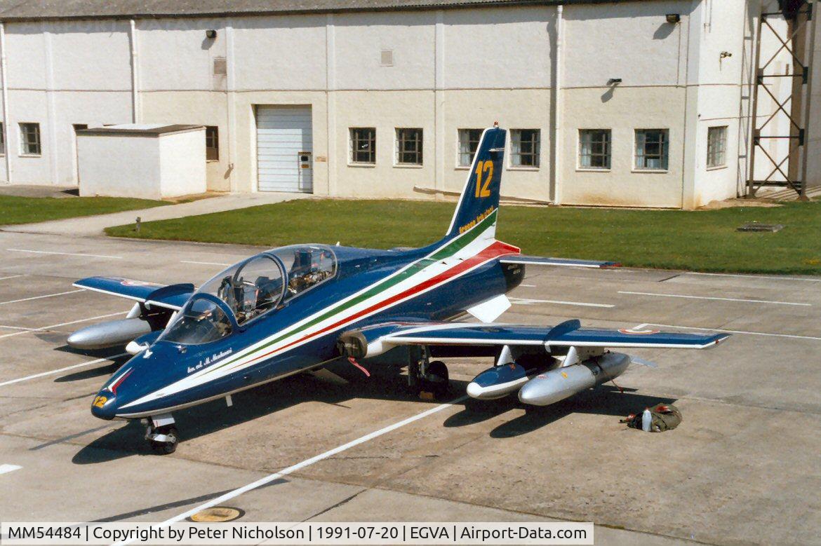 MM54484, Aermacchi MB-339A C/N 6681/076/AD013, MB.339A of the Frecce Tricolori display team of the Italian Air Force at the 1991 Intnl Air Tattoo at RAF Fairford.