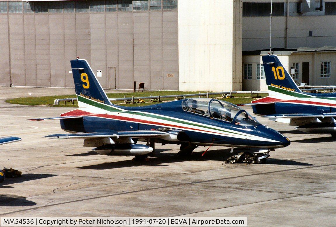 MM54536, Aermacchi MB-339A C/N 6743/138/AD016, MB.339A of the Frecce Tricolori display team at the 1991 Intnl Air Tattoo at RAF Fairford.
