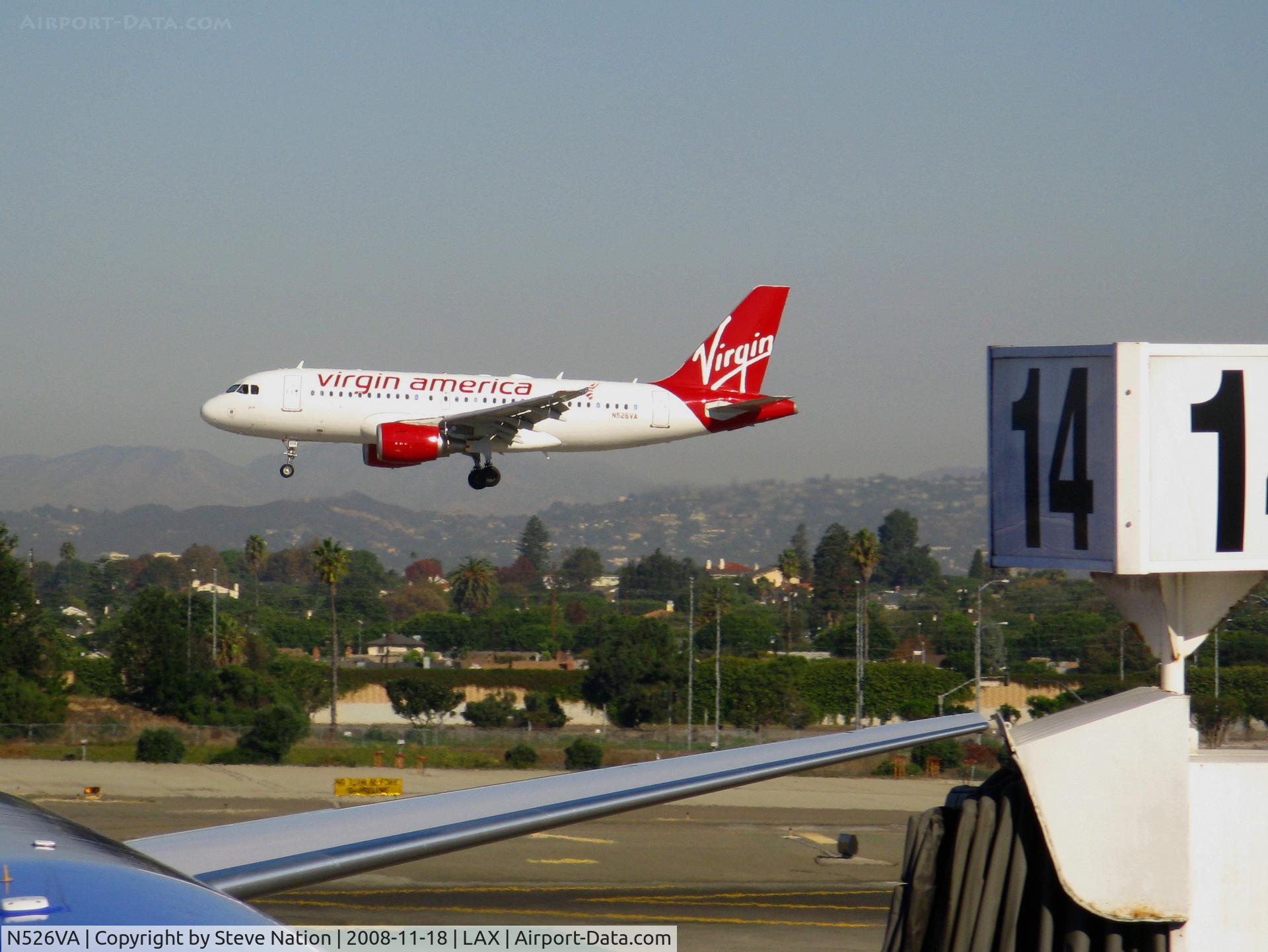 N526VA, 2008 Airbus A319-112 C/N 3347, Virgin America V landing on RW 24R