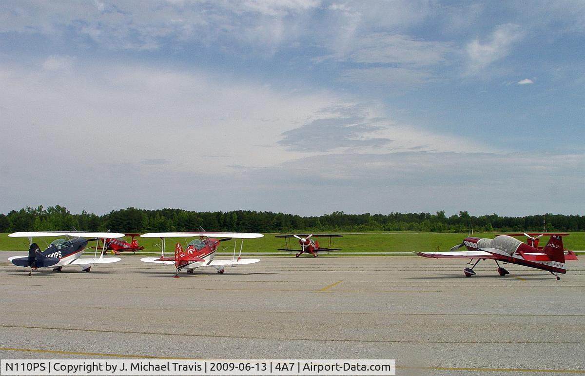 N110PS, 1996 Aviat Pitts S-2B Special C/N 5335, N110PS (far left) and other Pitts aircraft at 4A7