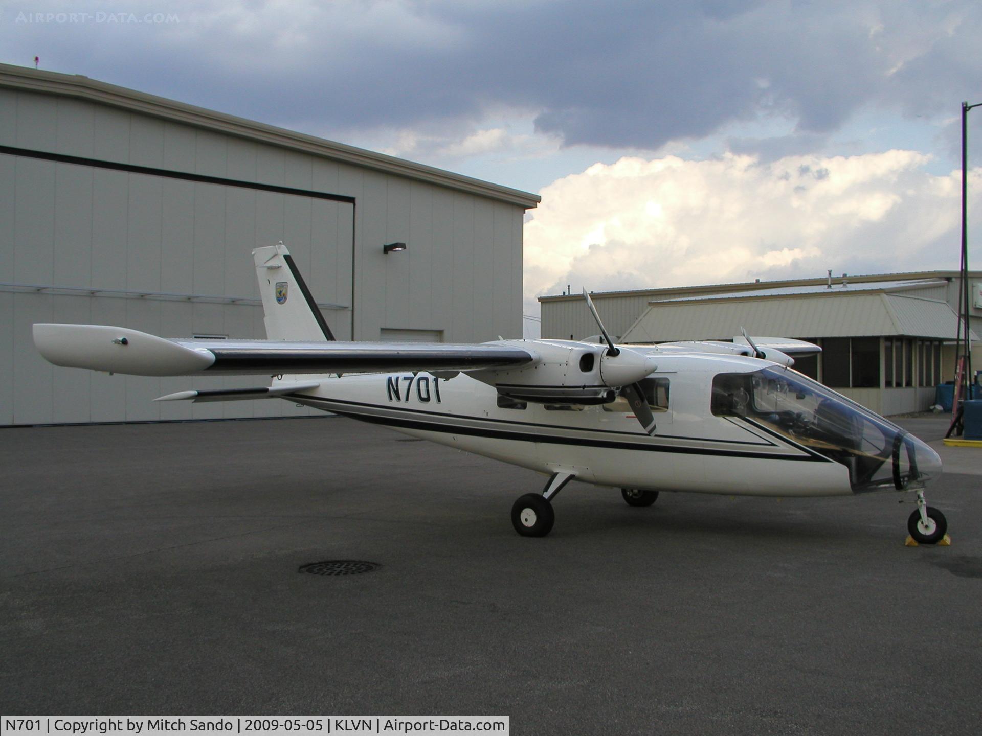 N701, 1990 Partenavia P-68 Observer 2 C/N 390-03-0B2, Parked on the ramp at Airlake.