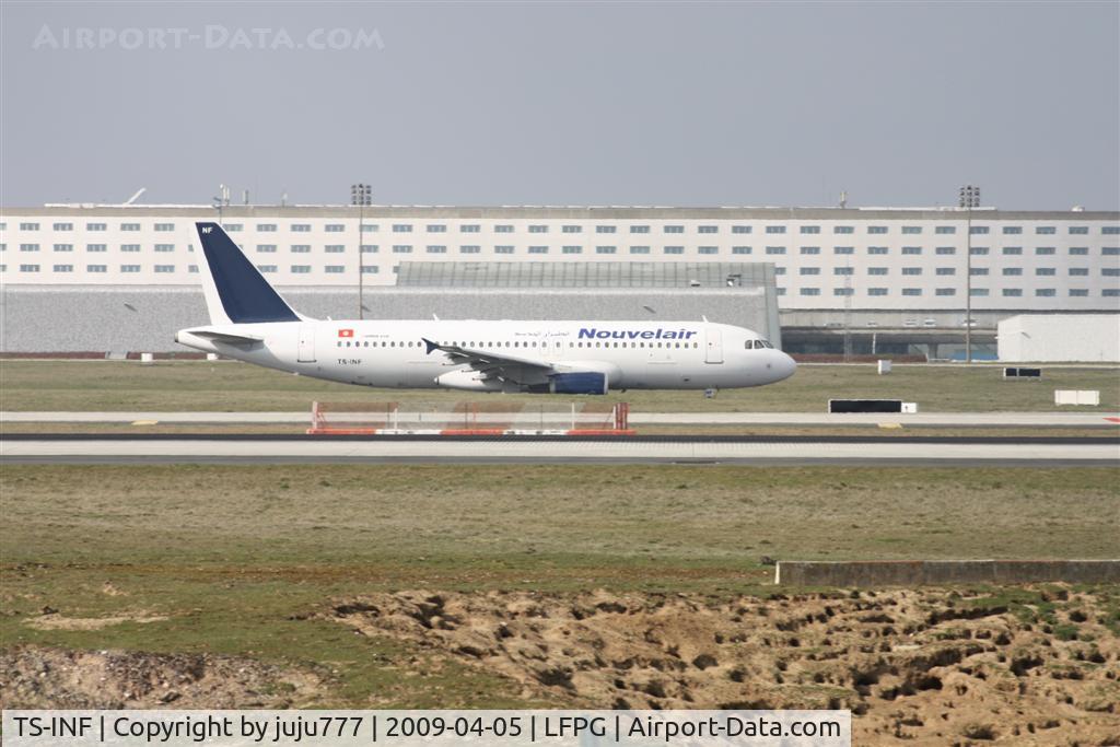 TS-INF, 1992 Airbus A320-212 C/N 299, on landing at CDG whis-out logo on tail