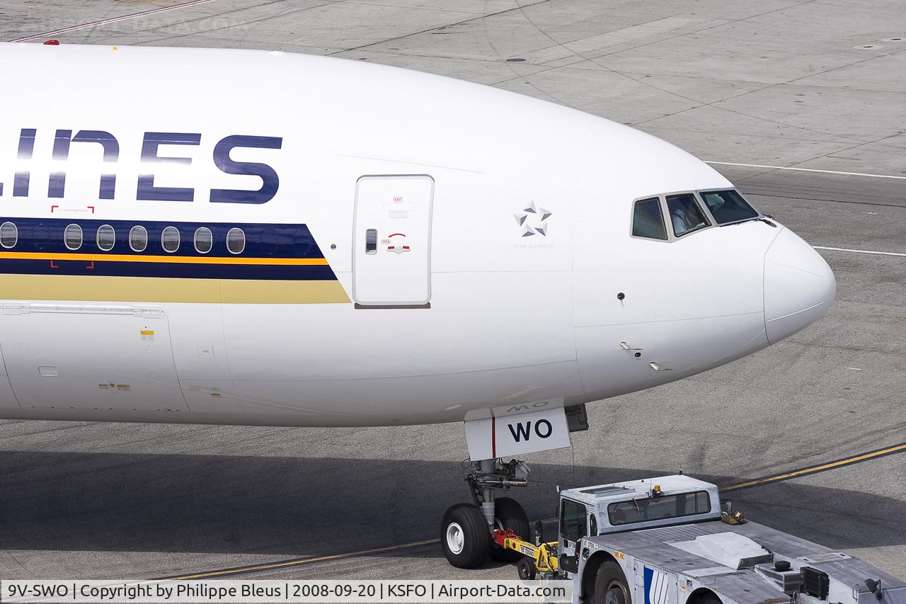 9V-SWO, 2008 Boeing 777-312/ER C/N 34580, Close up on nose while the plane is being pushed back.
