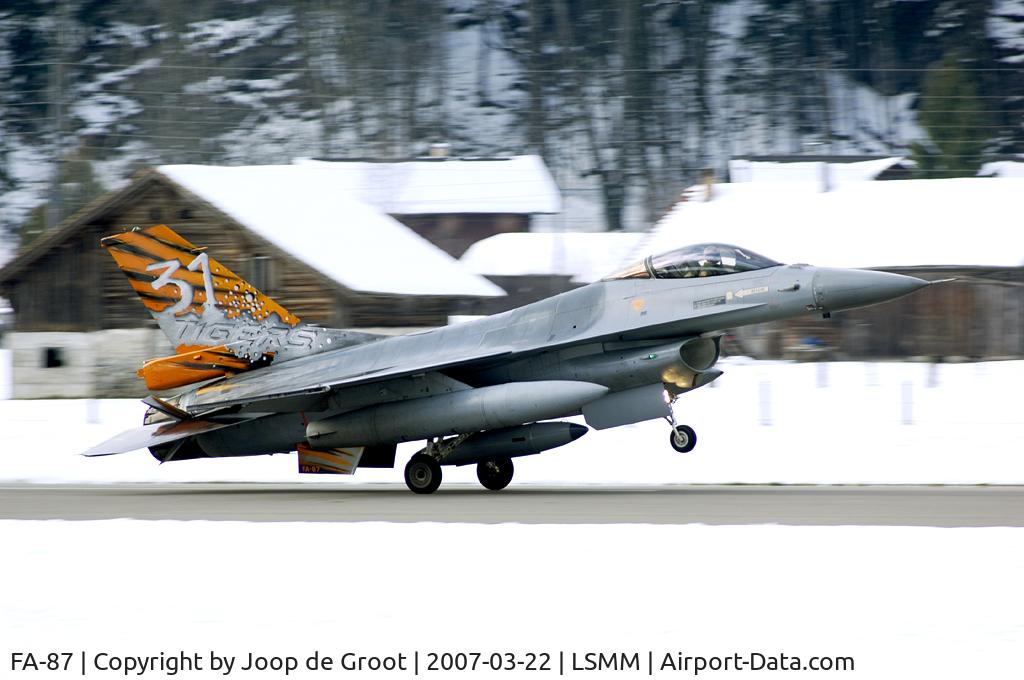 FA-87, SABCA F-16AM Fighting Falcon C/N 6H-87, Rare appearance of a Belgian F-16 on Meiringen. It was there on invitation by the local Tiger unit FlSt 11 for the Meiringen open house.