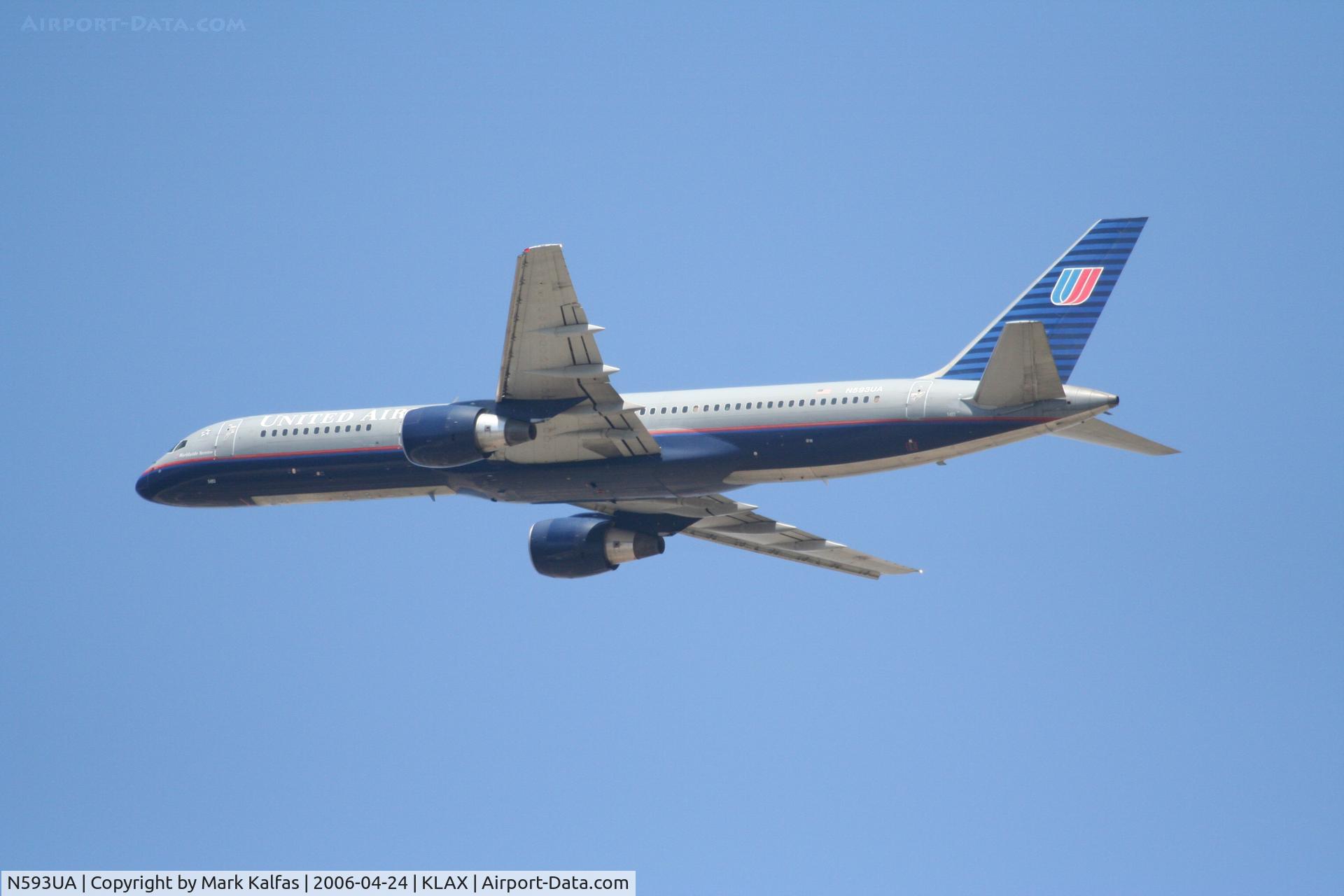 N593UA, 1996 Boeing 757-222(SF) C/N 28144, United Airlines Boeing 757-222, N593UA departs KLAX RWY 25R