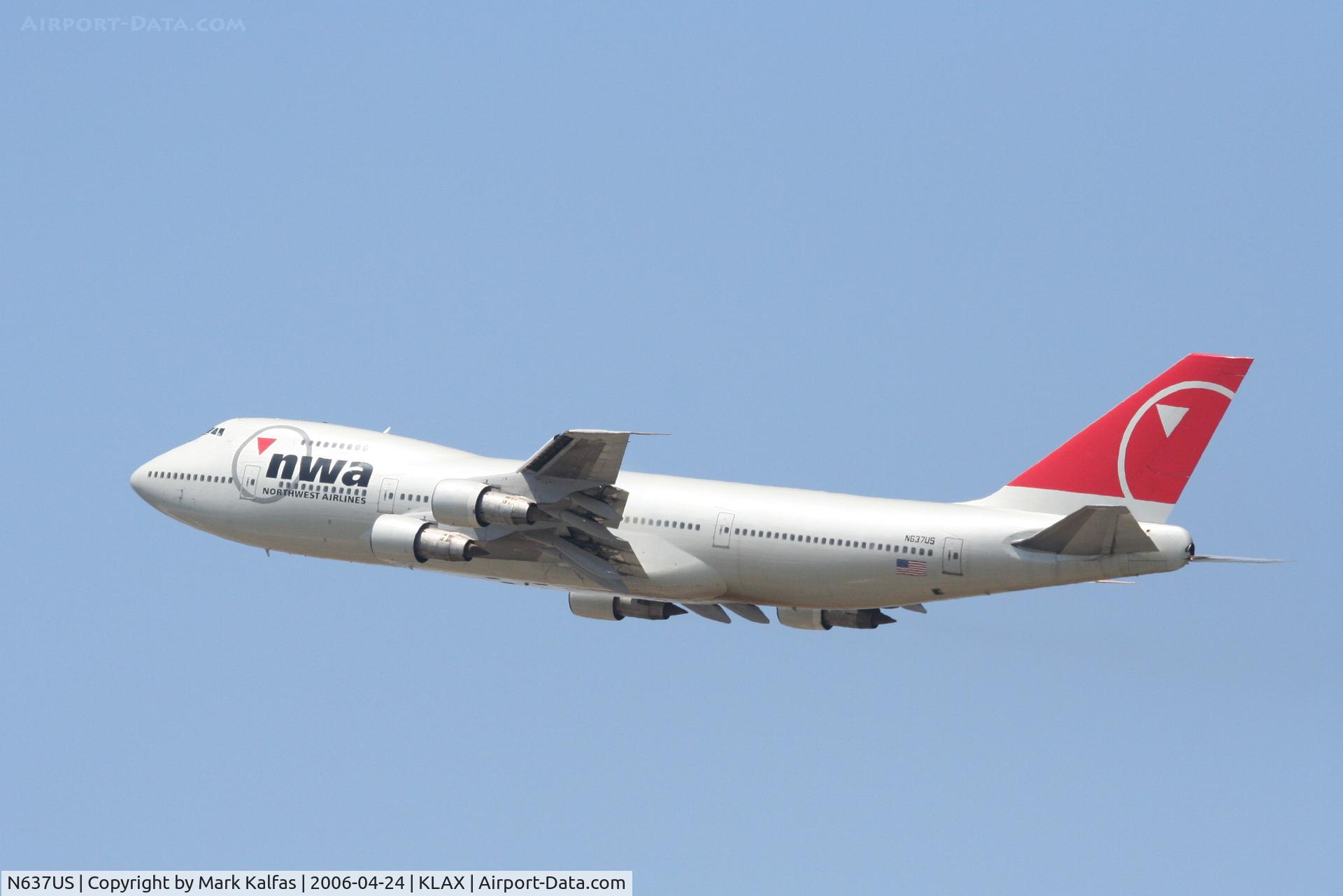 N637US, 1986 Boeing 747-251B C/N 23548, Northwest Boeing 747-251B, N637US departing 25R KLAX