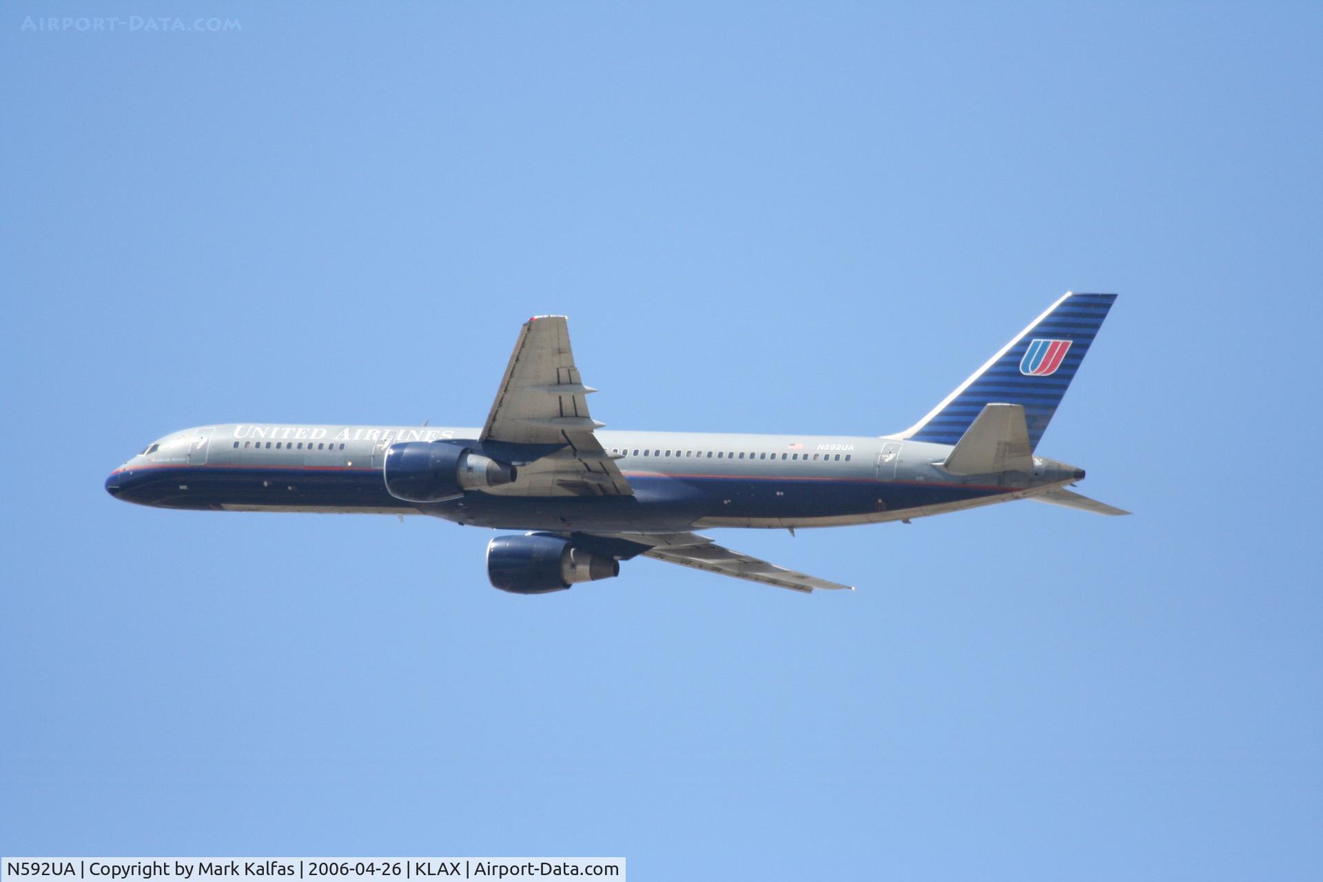 N592UA, 1996 Boeing 757-222F C/N 28143, United Airlines Boeing 757-222, N592UA departs KLAX RWY 25R