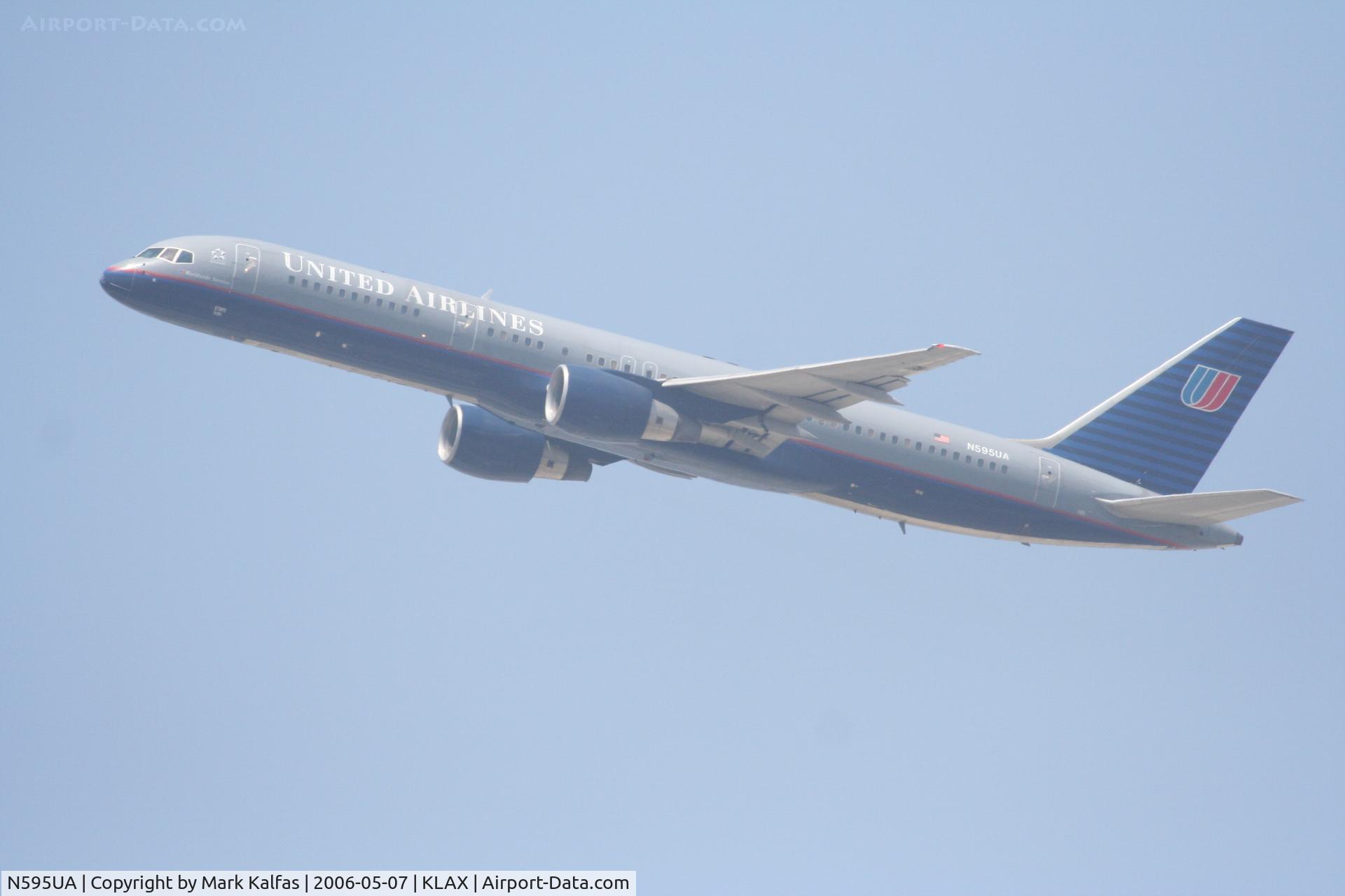 N595UA, 1998 Boeing 757-222 C/N 28748, United Airlines Boeing 757-222, N595UA departs KLAX RWY 25R