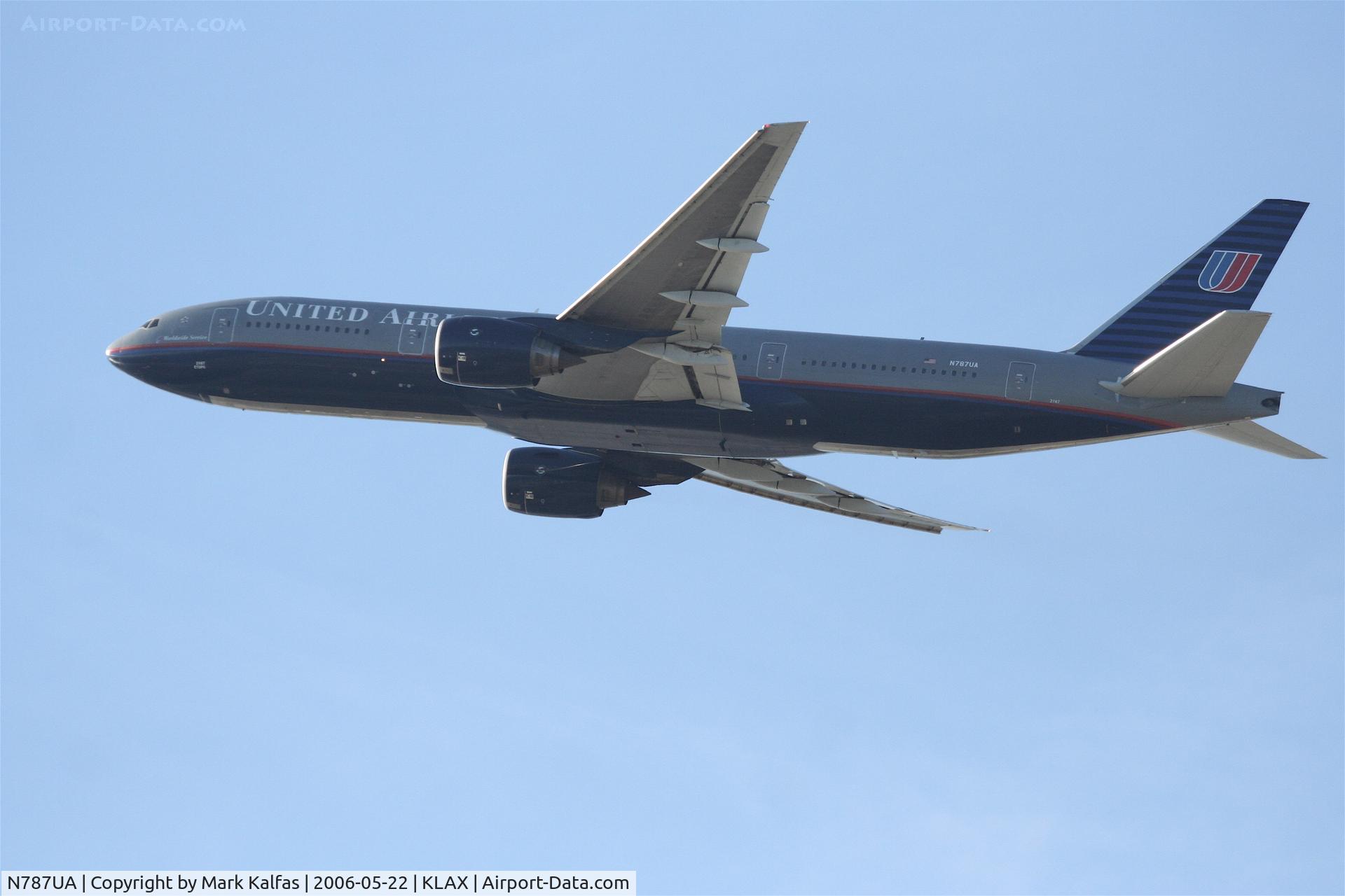 N787UA, 1997 Boeing 777-222 C/N 26939, United Airlines  Boeing 777-222, N787UA departs KLAX RWY 25R