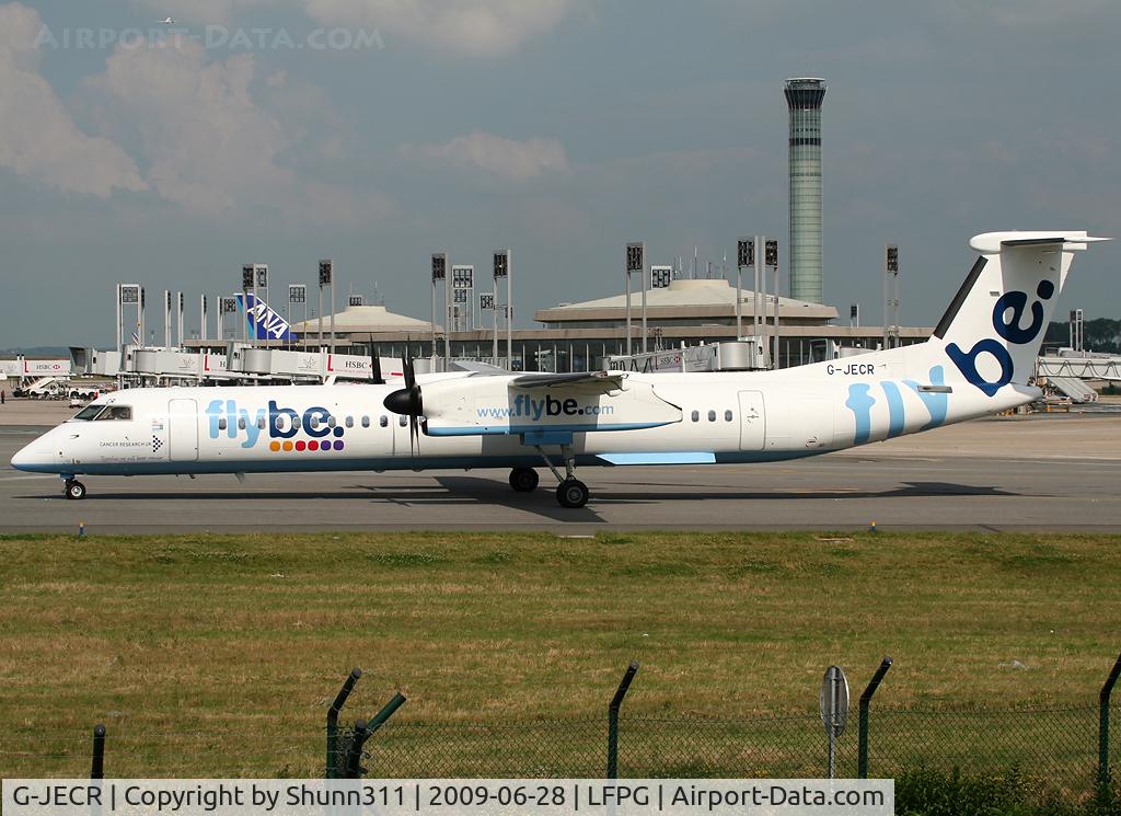 G-JECR, 2006 De Havilland Canada DHC-8-402Q Dash 8 C/N 4139, Taxiing for departure with additional 'Cancer Research UK' patch only on left side...
