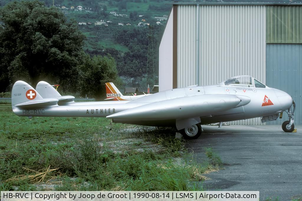 HB-RVC, 1955 De Havilland (F+W Emmen) DH-112 Venom FB.50 C/N 841, Former Swiss AF J-1631 was sponsored by Authier in 1990. Seen in front of the Farner hangar at Sion.