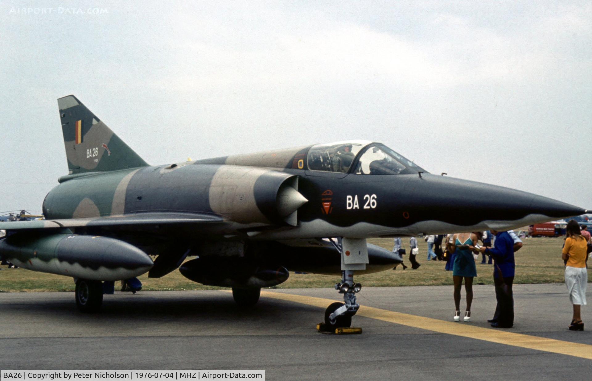 BA26, SABCA Mirage 5BA C/N 26, Another view of the Belgian Air Force Mirage 5BA of 2 Squadron at the 1976 Mildenhall Air Fete.
