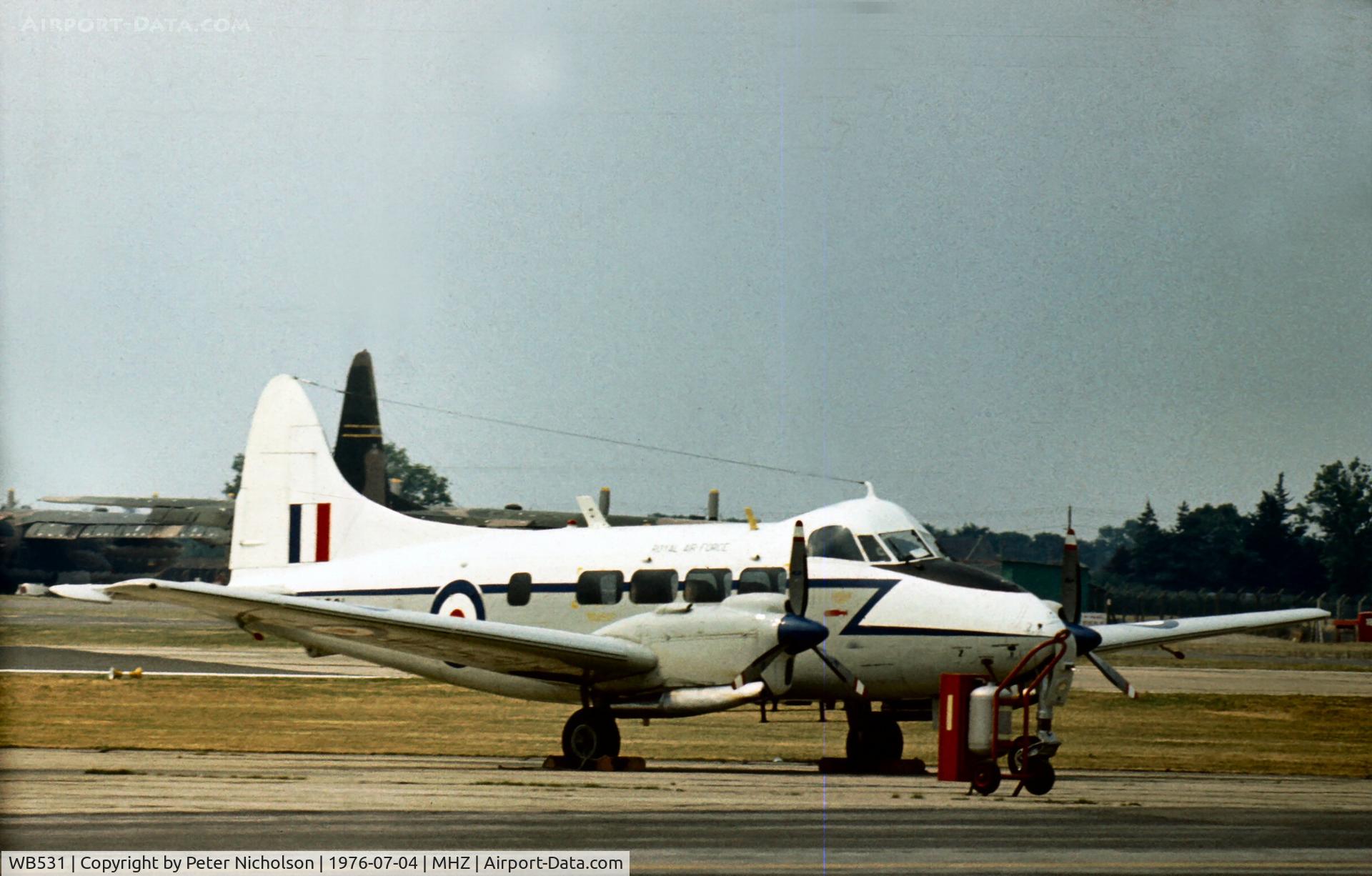 WB531, 1949 De Havilland DH-104 Devon C.2 C/N 04266, Devon C.2 of 207 Squadron as support aircraft for the Battle of Britain Memorial Flight at the 1976 Mildenhall Air Fete.