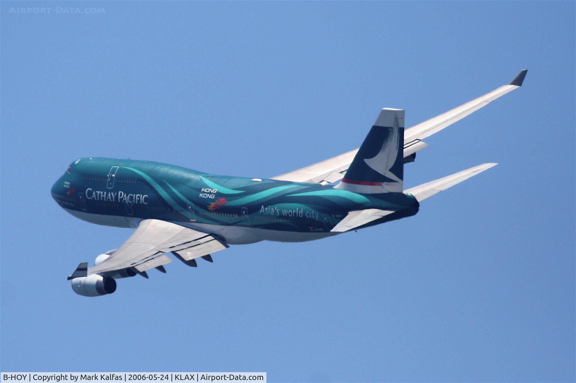 B-HOY, 1991 Boeing 747-467 C/N 25351, Cathay Pacific 747-467, B-HOY departs 25R KLAX with a left turn at the coast