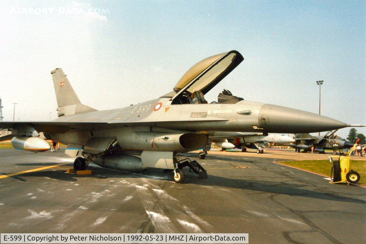 E-599, 1980 SABCA F-16AM Fighting Falcon C/N 6F-34, F-16A Falcon of Esk 730 Royal Danish Air Force at the 1992 Mildenhall Air Fete.