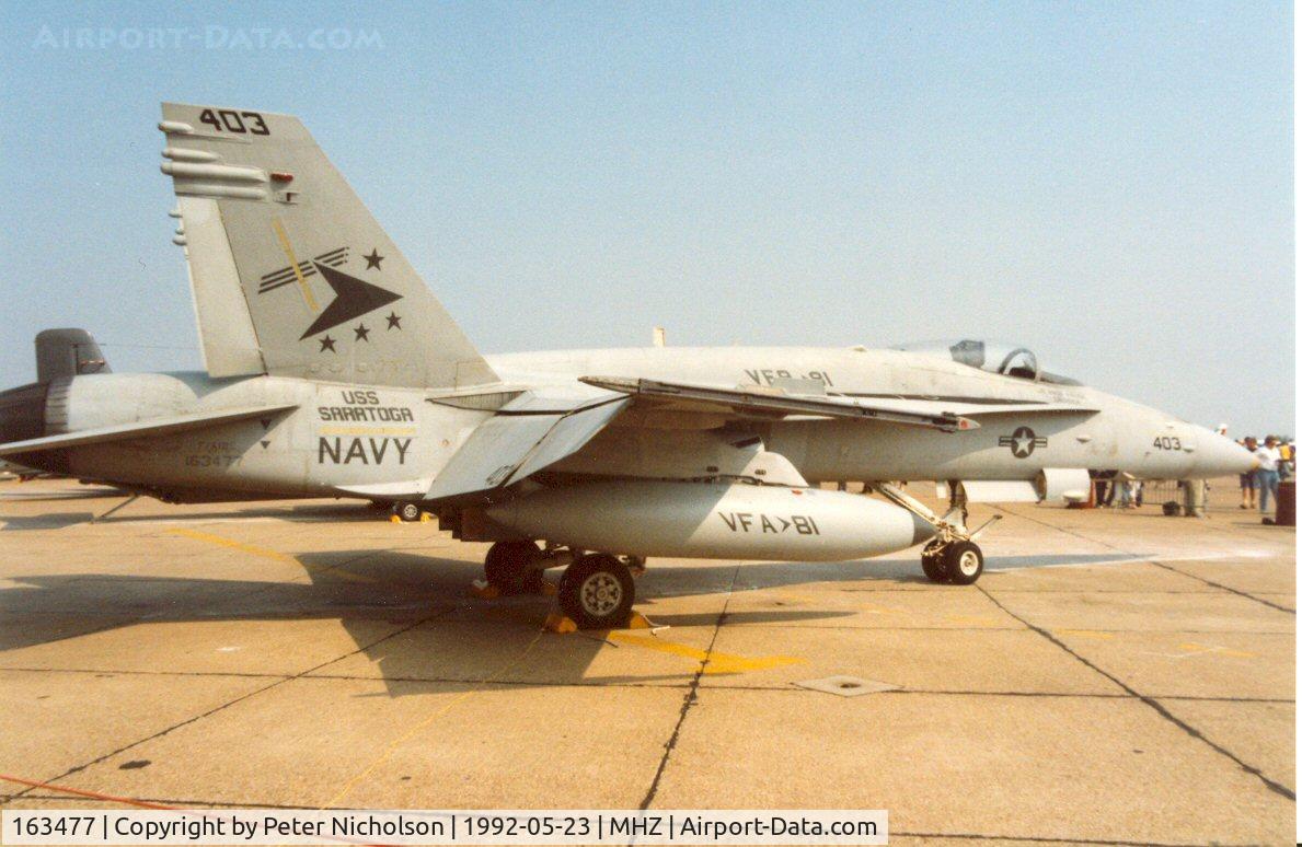 163477, 1988 McDonnell Douglas F/A-18C Hornet C/N 0705/6038, F/A-18C Hornet of VFA-81 aboard USS Saratoga at the 1992 Mildenhall Air Fete.