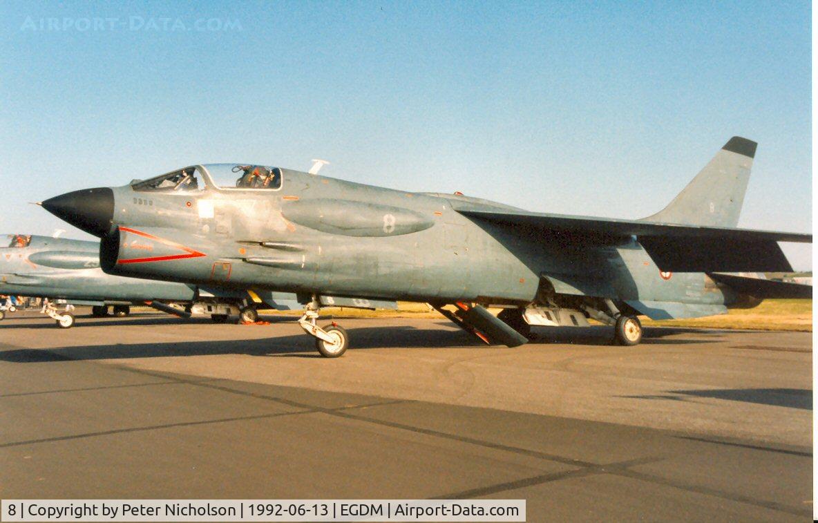 8, Vought F-8E(FN) Crusader C/N 1225, F-8E(FN) of 12 Flotille French Aeronavale at the 1992 Intnl Air Tattoo at Boscombe Down.