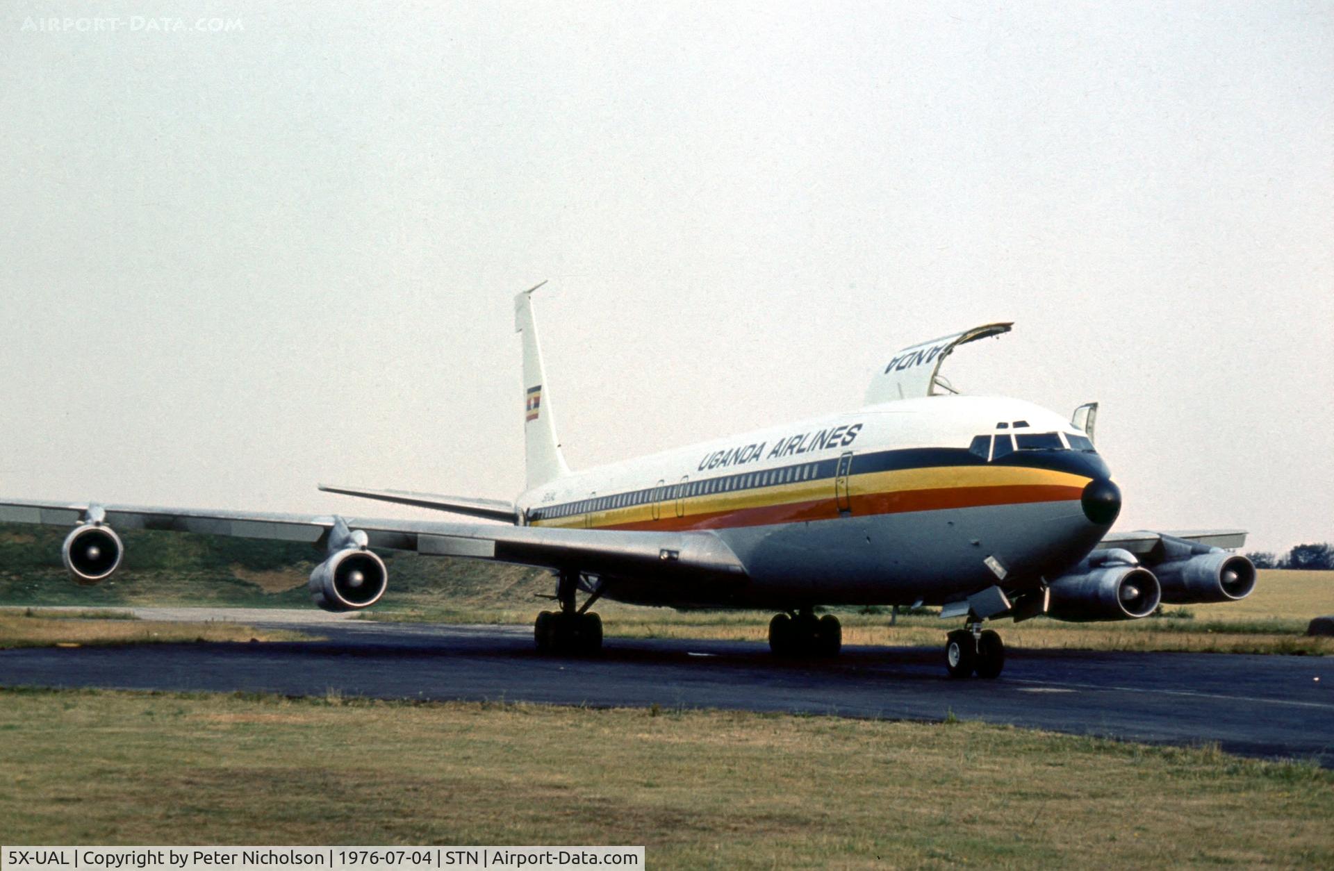 5X-UAL, 1963 Boeing 707-321C C/N 18580, Boeing 707-321C of Uganda Airlines at Stansted in the Summer of 1976.