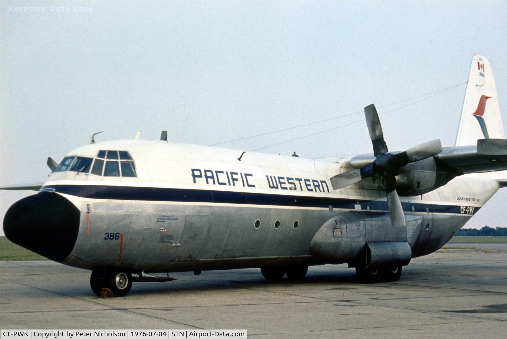 CF-PWK, 1966 Lockheed L-100-20 Hercules C/N 382-4170, Hercules of Pacific Western Airlines seen at Stansted in the Summer of 1976.