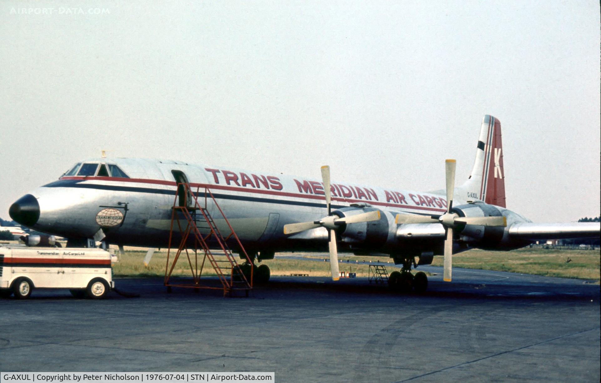 G-AXUL, 1960 Canadair CL-44D4-2 C/N 24, CL-44 of Transmeridian Air Cargo seen at their Stansted base in the Summer of 1976.