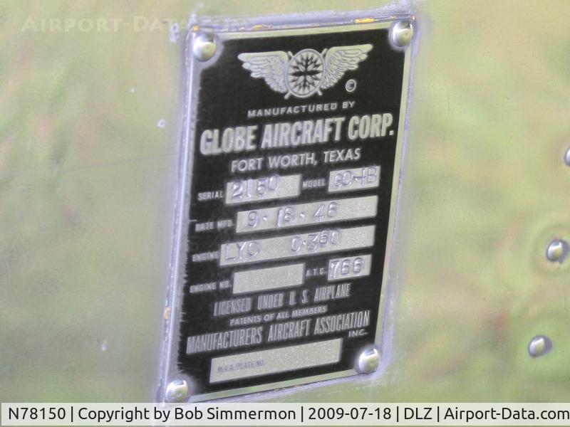 N78150, 1946 Globe GC-1B Swift C/N 2150, Data plate