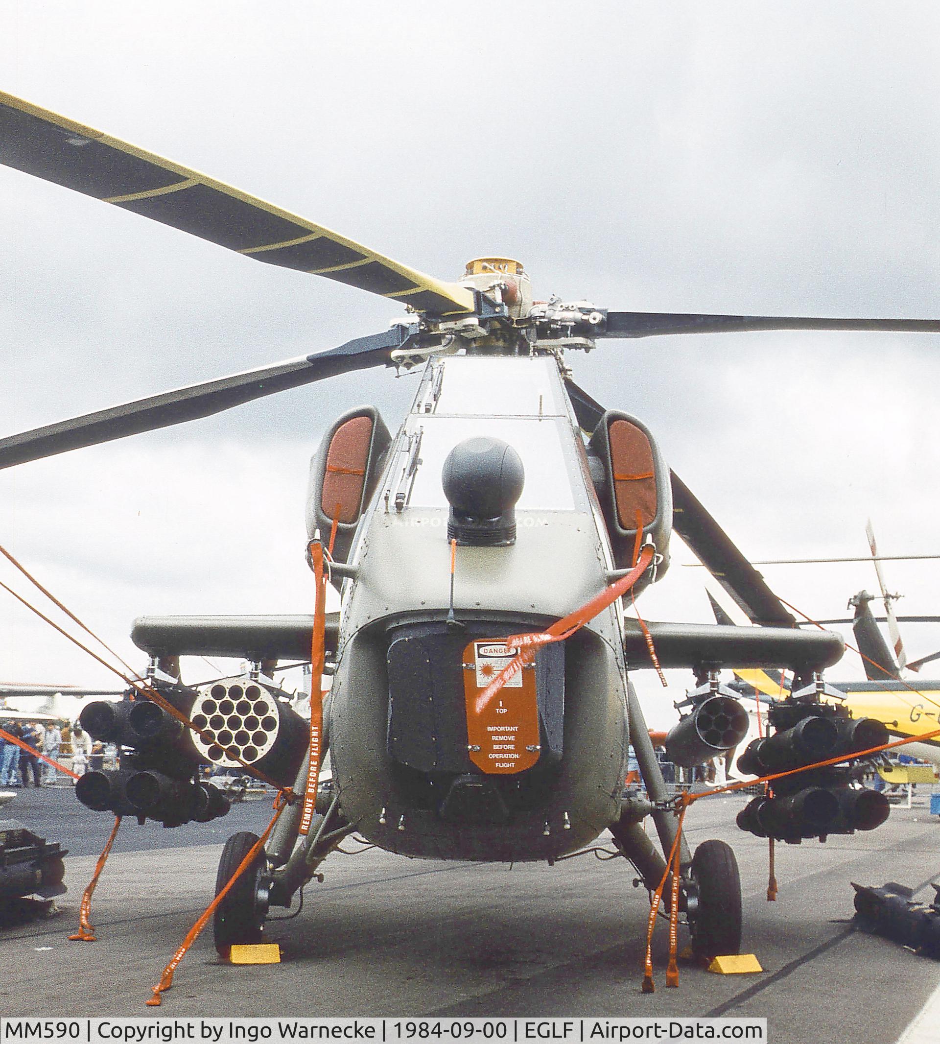 MM590, 1983 Agusta A-129A Mangusta C/N 29001, Agusta A.129 Mangusta first prototype at Farnborough International 1984