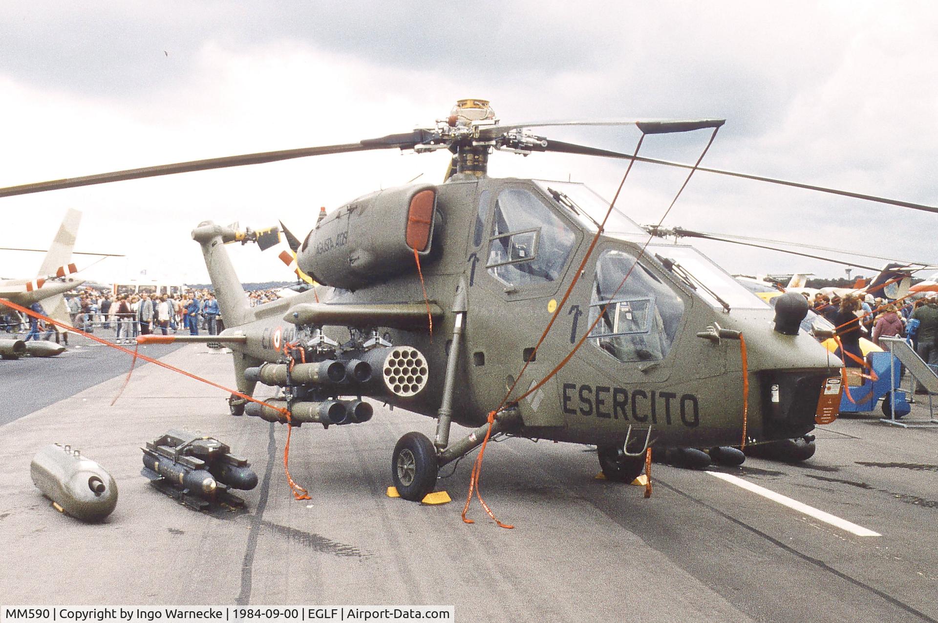 MM590, 1983 Agusta A-129A Mangusta C/N 29001, Agusta A.129 Mangusta first prototype at Farnborough International 1984