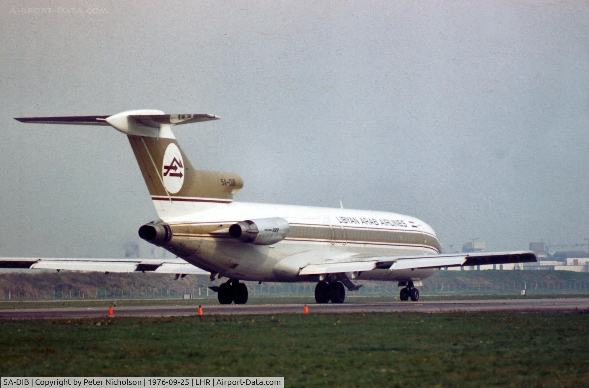 5A-DIB, 1975 Boeing 727-2L5 C/N 21051, Boeing 727 of Libyan Arab Airlines preparing to depart London Heathrow in the Summer of 1976.