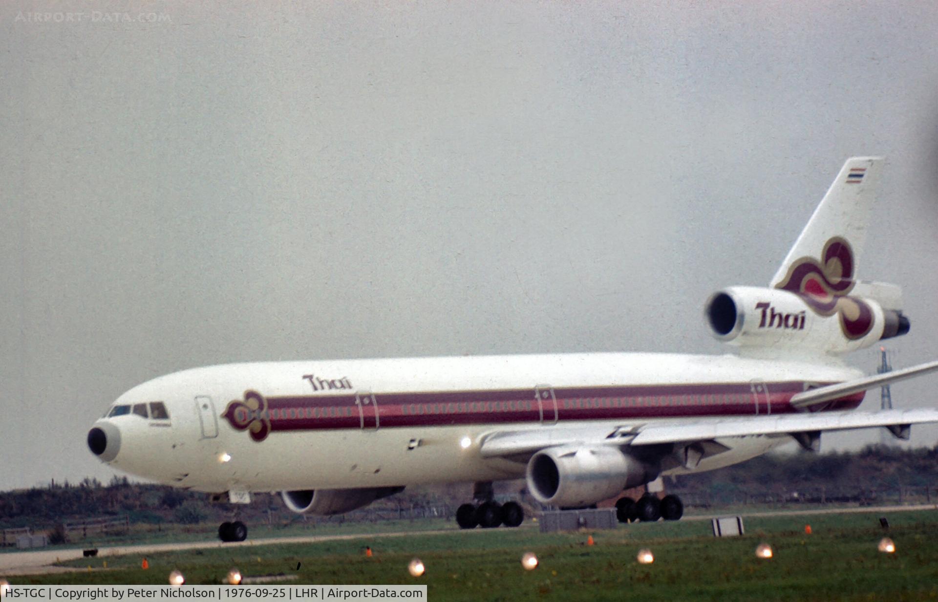 HS-TGC, 1975 McDonnell Douglas DC-10-30 C/N 46952, DC-10-30 leased by Thai Airways International from KLM Royal Dutch Airlines as seen at London Heathrow in the Summer of 1976.