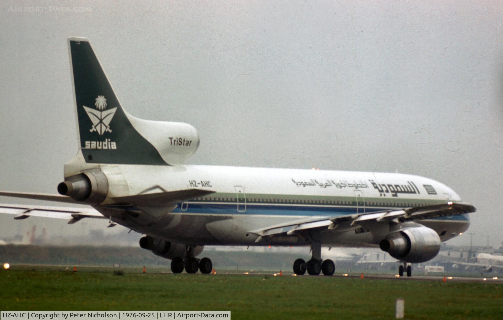 HZ-AHC, 1976 Lockheed L-1011-200 TriStar C/N 1137, Lockheed TriStar of Saudi Arabian Airlines preparing to depart London Heathrow in the Summer of 1976.