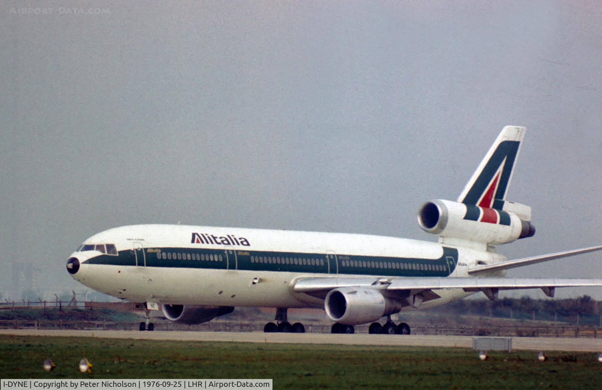 I-DYNE, 1973 Douglas DC-10-30 C/N 47862, DC-10-30 of Alitalia at London Heathrow in the Summer of 1976.