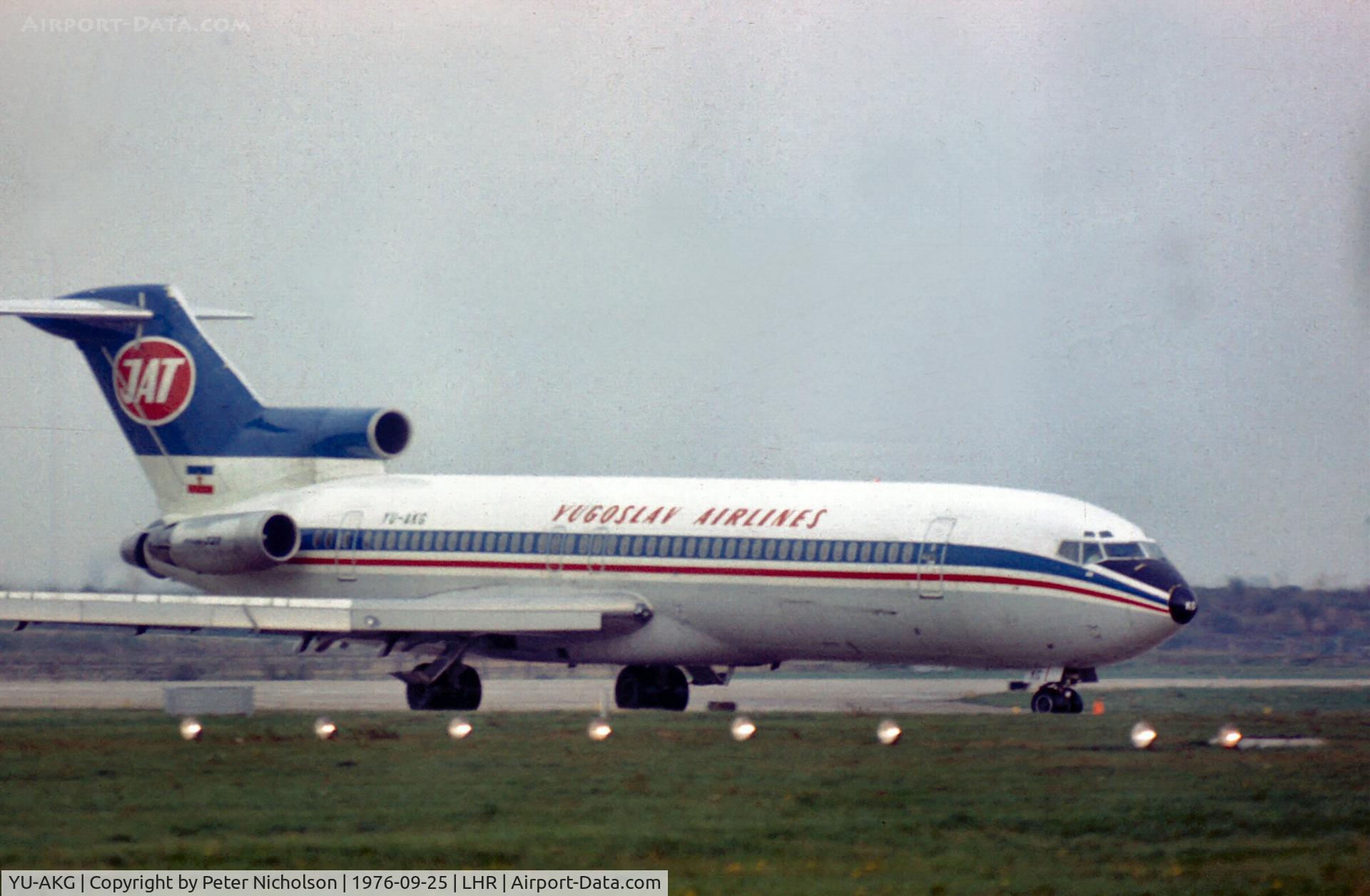 YU-AKG, 1975 Boeing 727-2H9 C/N 21039, Boeing 727 of Jugoslovenski Aerotransport (JAT) at London Heathrow in the Summer of 1976.