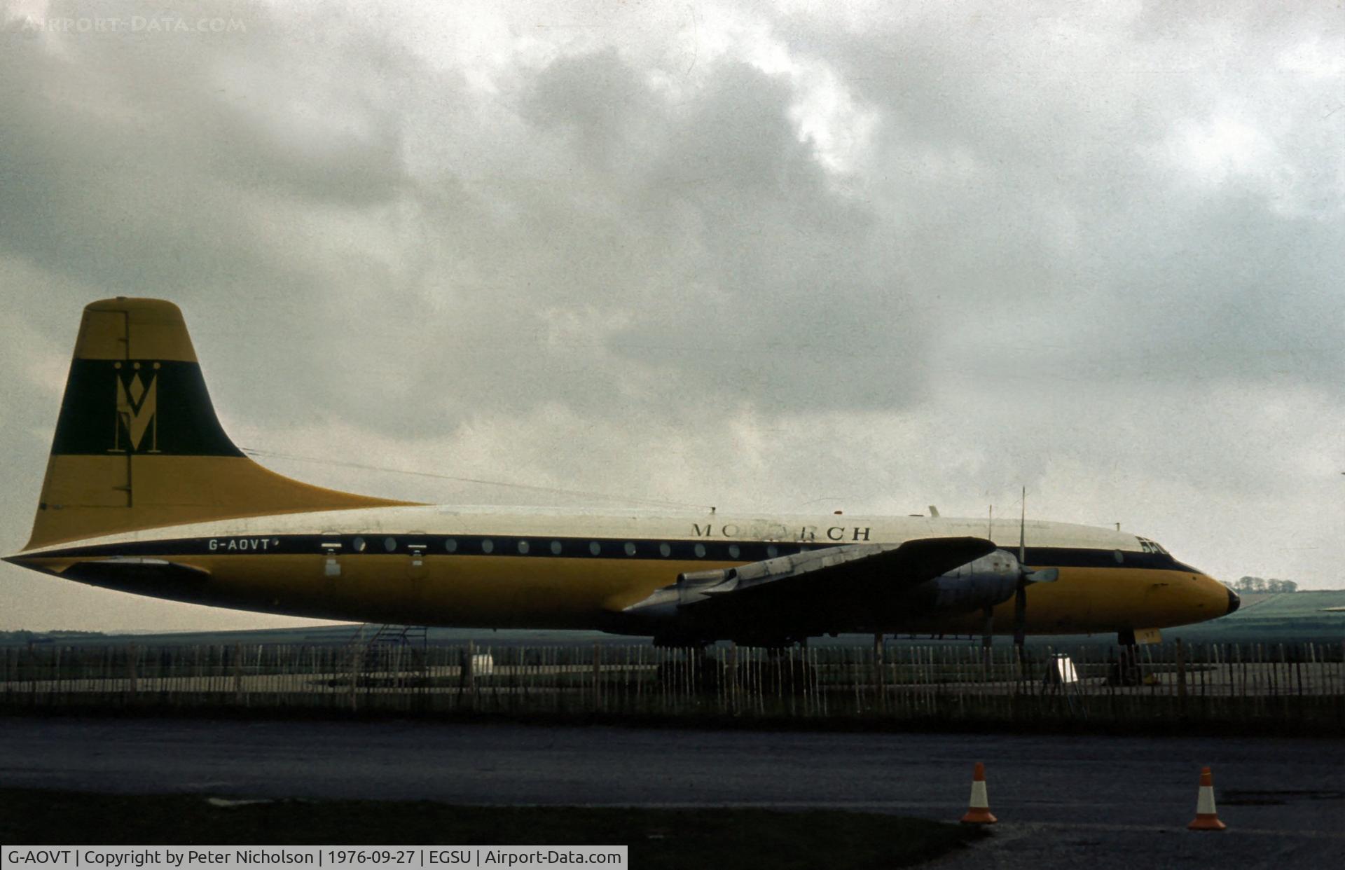 G-AOVT, 1958 Bristol 175 Britannia 312 C/N 13427, Ex Monarch Airlines Britannia at the Imperial War Museum, Duxford in the Summer of 1976.