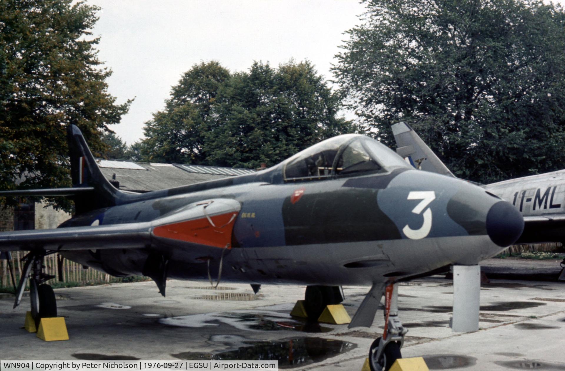 WN904, 1954 Hawker Hunter F.2 C/N S4/U/2912, Whilst this Hunter had been gate guardian at RAF Waterbeach for 20 years, in the Summer of 1976 it was on display at the Imperial War Museum at Duxford.
