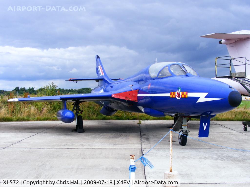 XL572, Hawker Hunter T.7 C/N HABL-003311, Hunter T.7. XL572 first entered service at 229 Operational Conversion Unit at Chivenor in 1958.It came to Elvington in 1994 and has been painted in blue livery to represent XL571 the leading aircraft in the Blue Diamonds formation team.