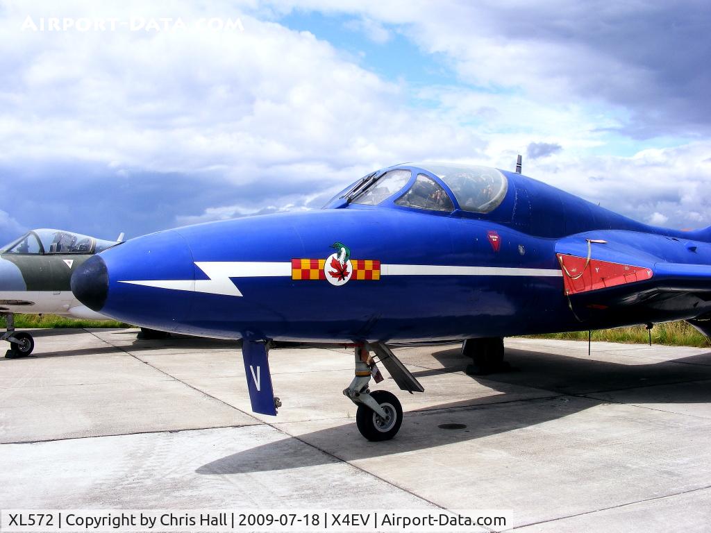 XL572, Hawker Hunter T.7 C/N HABL-003311, The first prototype Hunter T.7 two-seat trainer flew on 8 July 1955. These aircraft differed from the fighter by having a lengthened nose and 'side by side' seating. From 1957, a total of 45 Hunter T.7s were built at Kingston for the Royal Air Force. In a