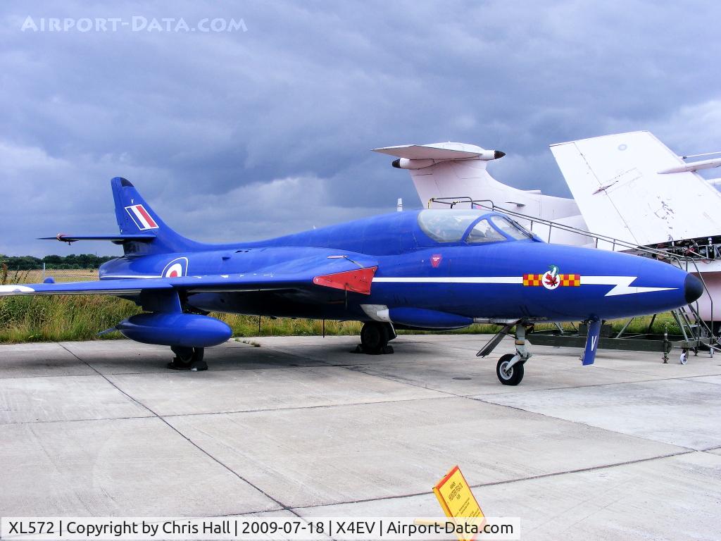 XL572, Hawker Hunter T.7 C/N HABL-003311, Hunter T.7. XL572 first entered service at 229 Operational Conversion Unit at Chivenor in 1958.It came to Elvington in 1994 and has been painted in blue livery to represent XL571 the leading aircraft in the Blue Diamonds formation team.