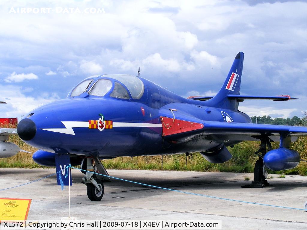 XL572, Hawker Hunter T.7 C/N HABL-003311, Hunter T.7. XL572 first entered service at 229 Operational Conversion Unit at Chivenor in 1958.It came to Elvington in 1994 and has been painted in blue livery to represent XL571 the leading aircraft in the Blue Diamonds formation team. The team was based