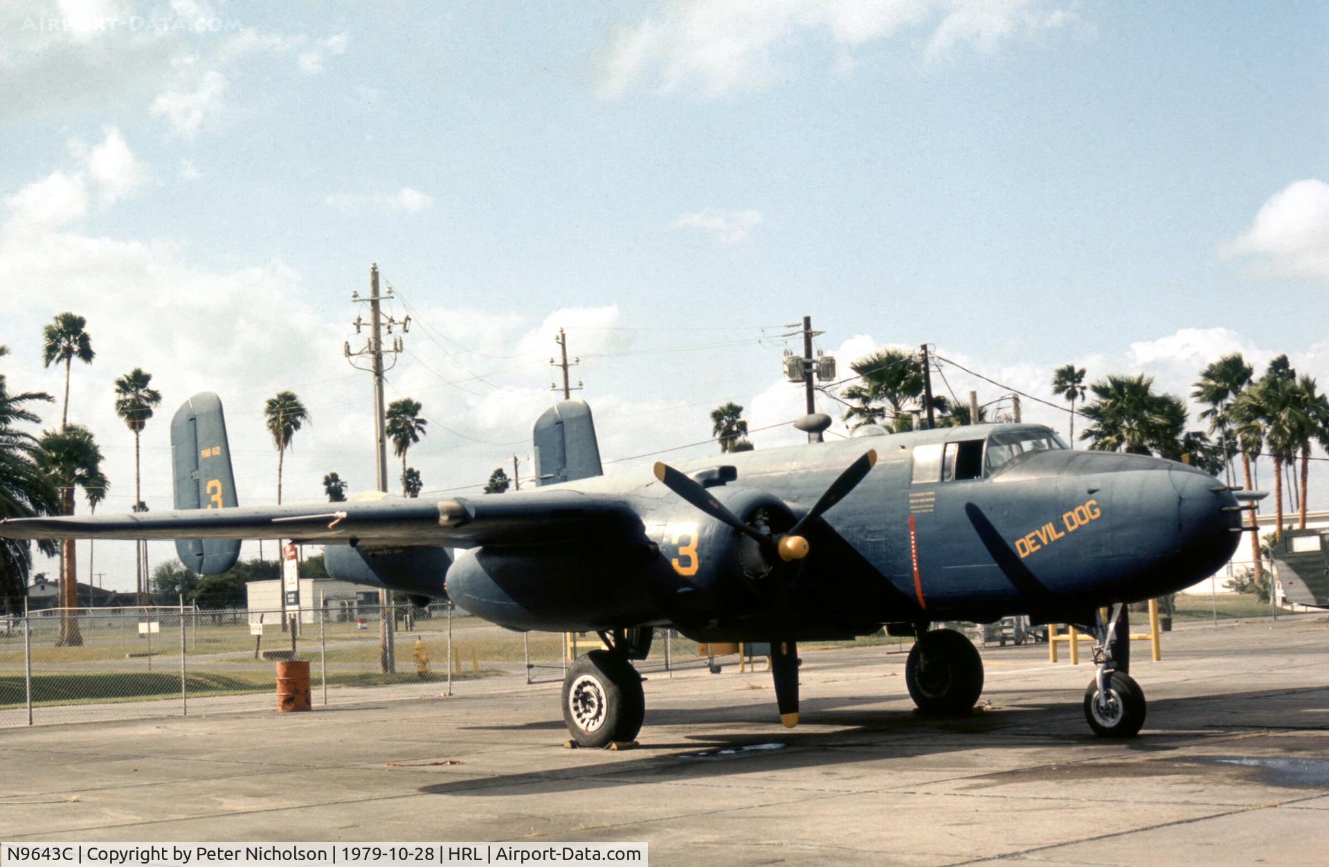 N9643C, 1944 North American B-25J Mitchell Mitchell C/N 108-47512, This Mitchell at the Confederate Air Force's Harlingen base in October 1979 was marked as USMC PJB-1J of VMB-612 named Devil Dog.