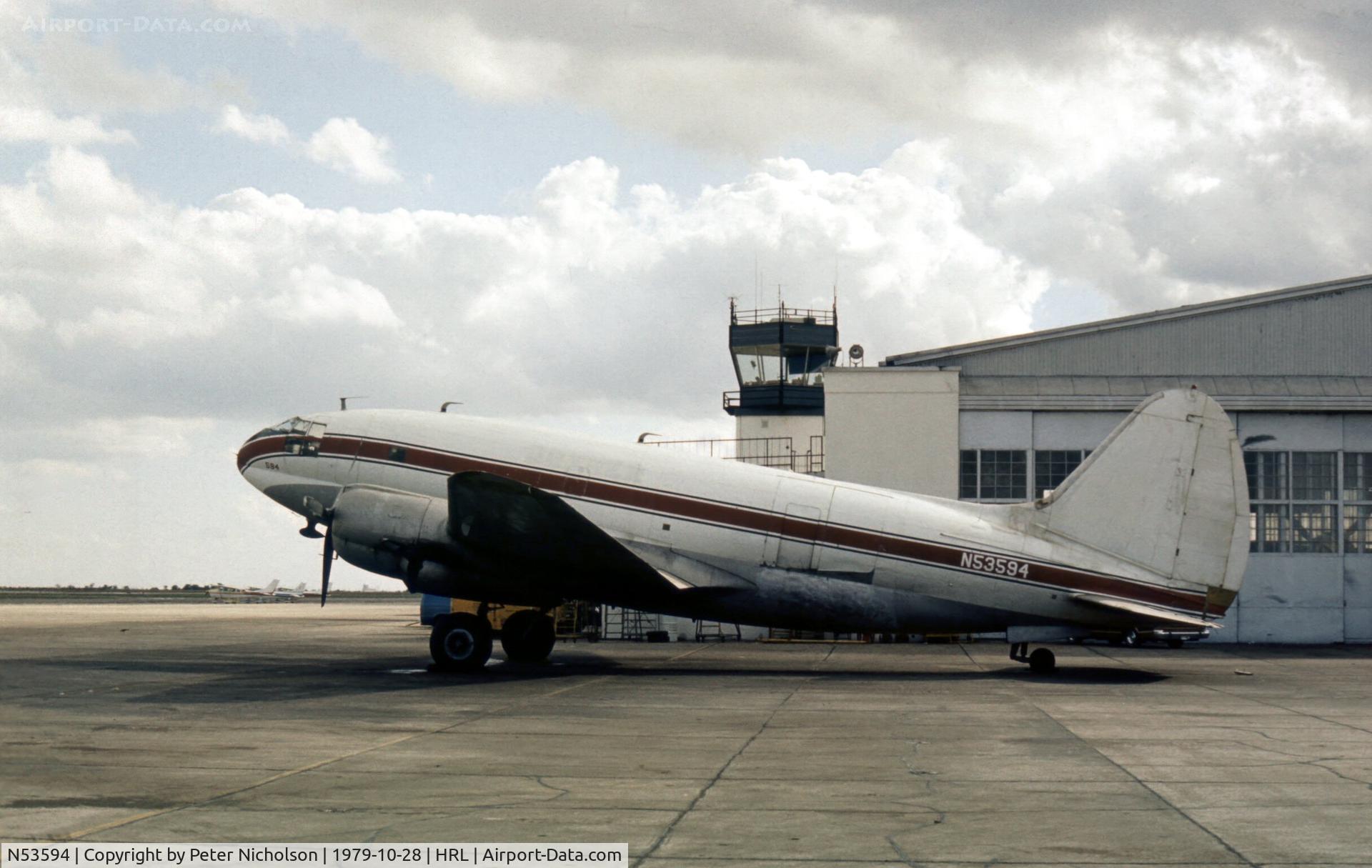 N53594, 1944 Curtiss C-46F Commando C/N 22486, This C-46F Commando was parked at the Confederate Air Force's base at Harlingen in October 1979.