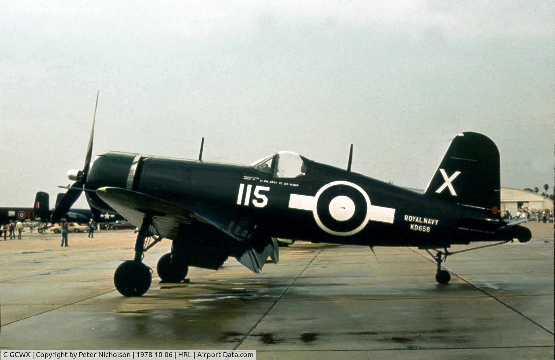 C-GCWX, 1944 Goodyear FG-1D Corsair C/N 3697, C-GCWX of the Canadian Warplane Heritage as Corsair IV KD 658 at the 1978 Confederate Air Force's Airshow at Harlingen.