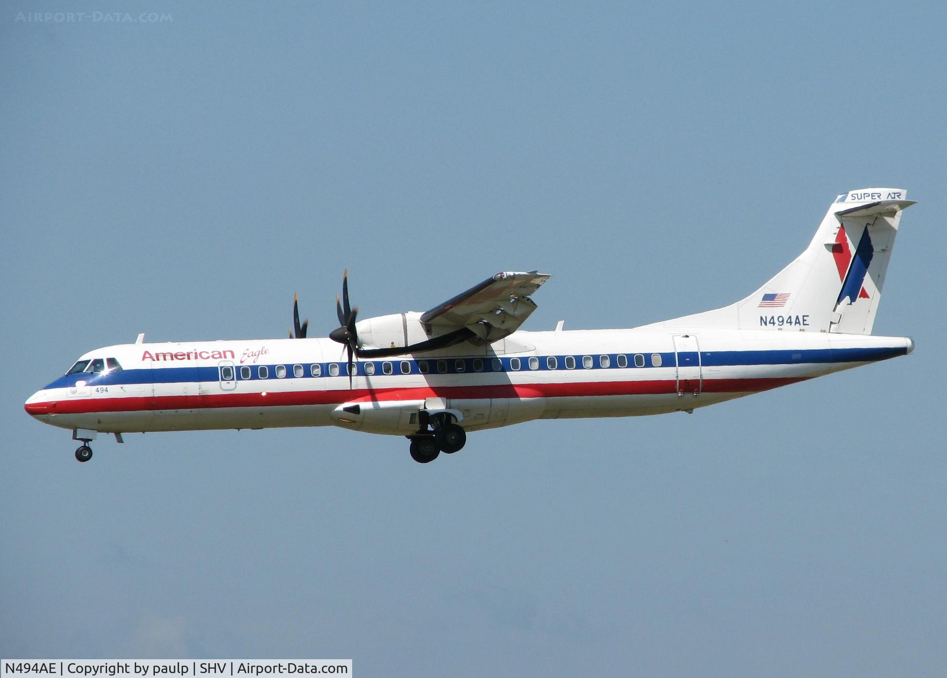 N494AE, 1997 ATR 72-212A C/N 494, Landing on runway 14 at the Shreveport Regional airport.