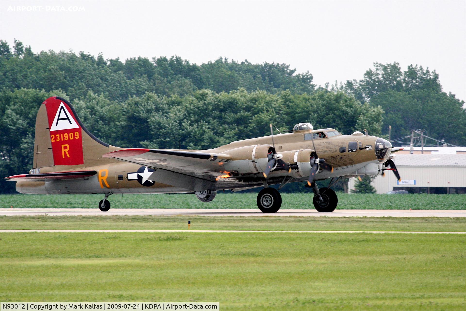 N93012, 1944 Boeing B-17G-30-BO Flying Fortress C/N 32264, Boeing B-17G, NL93012, landing RWY 20R KDPA, note the flame on number 4