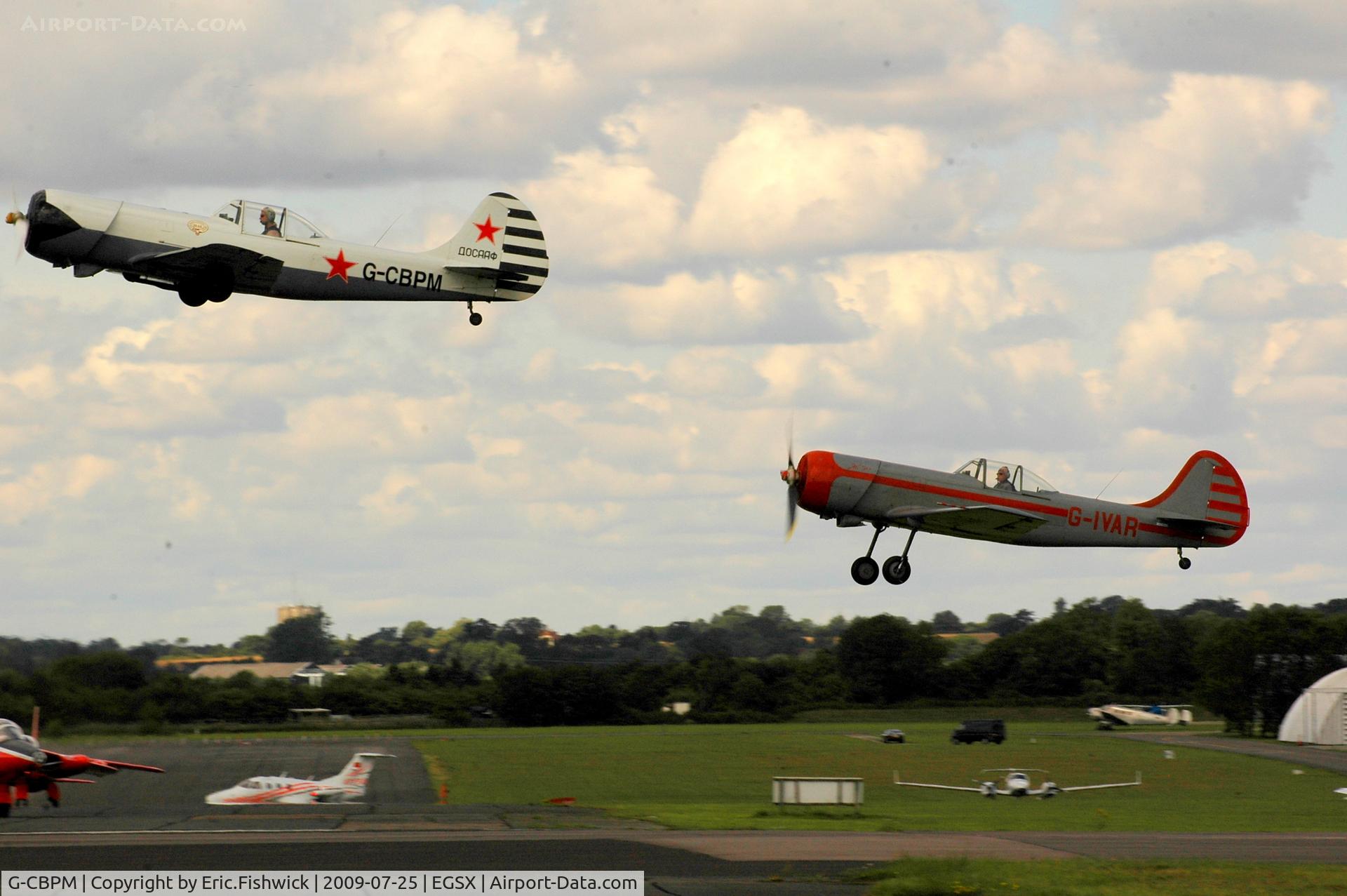 G-CBPM, 1981 Yakovlev Yak-50 C/N 812101, G-CBPM and G-IVAR (Team Aerostars) departing North Weald Airfield