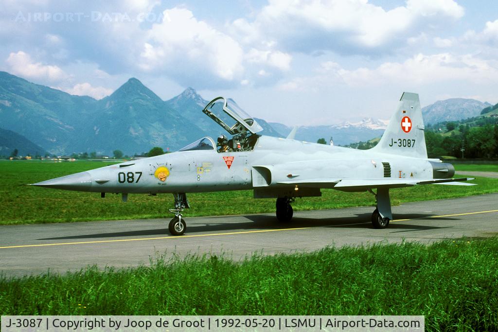 J-3087, Northrop F-5E Tiger II C/N L.1087, Since 1994 J-3087 flies with the Patrouille Suisse. In the years before it was just camouflaged like the other Tigers. Anyone on the badge it has on the nose?