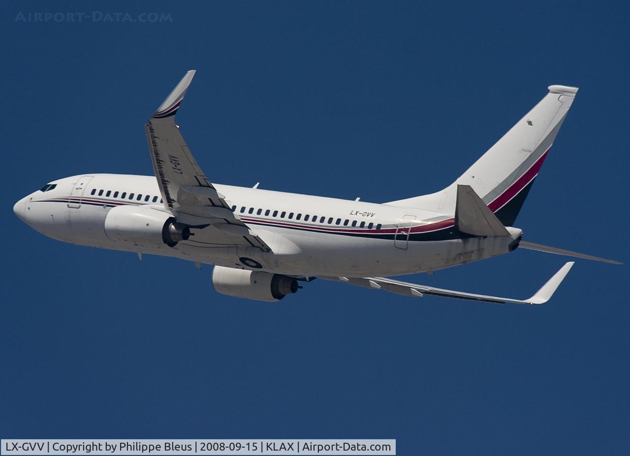 LX-GVV, 2000 Boeing 737-7BC C/N 30791, Climbing from rwy 25R after an early rotation.