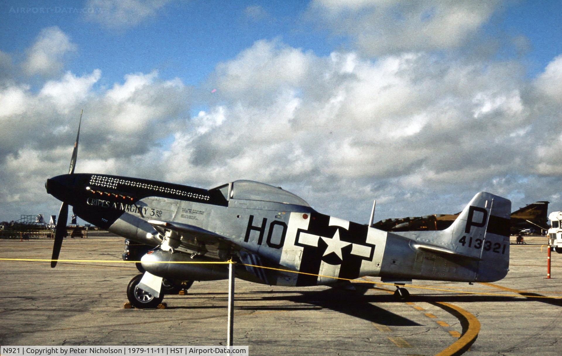 N921, 1945 North American P-51D Mustang C/N 124-48260 (45-11507), P-51D NL921 Mustang 45-11507 as 44-13321 Cripes a Mighty 3rd at the 1979 Homestead AFB Open House.