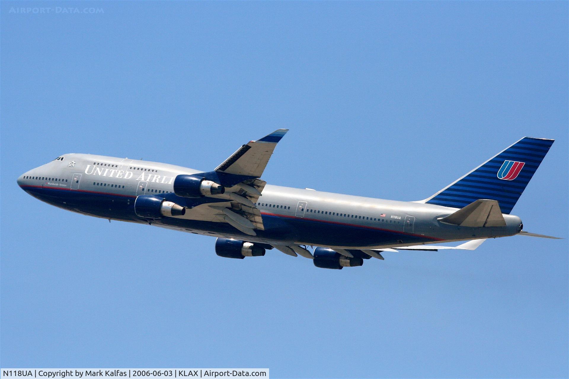 N118UA, 1999 Boeing 747-422 C/N 28811, United Airlines Boeing 747-422, N118UA departing KLAX 25R for Narita, RJAA.