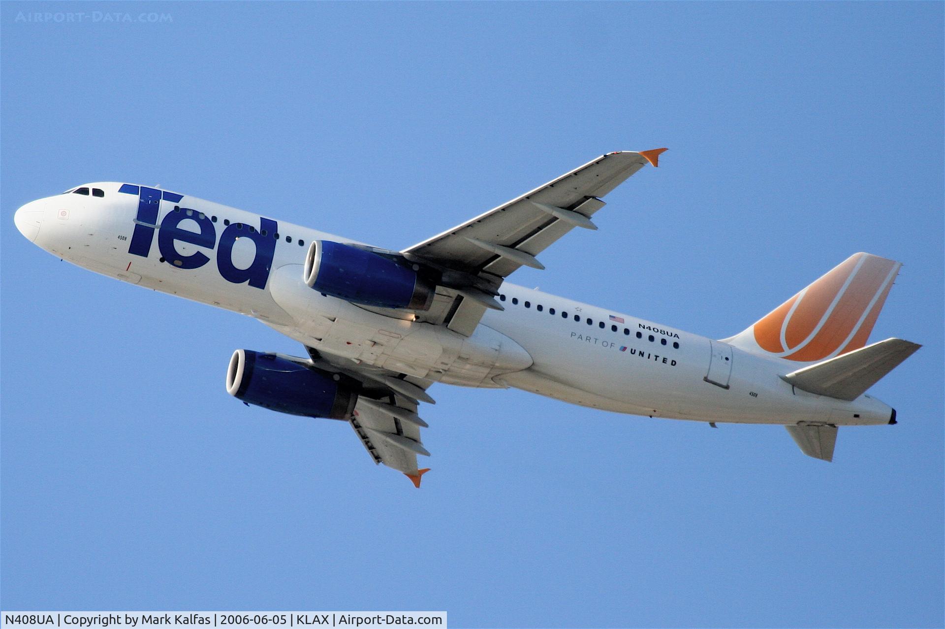 N408UA, 1994 Airbus A320-232 C/N 457, United Airlines TED A320-232, N408UA departing KLAX 25R.